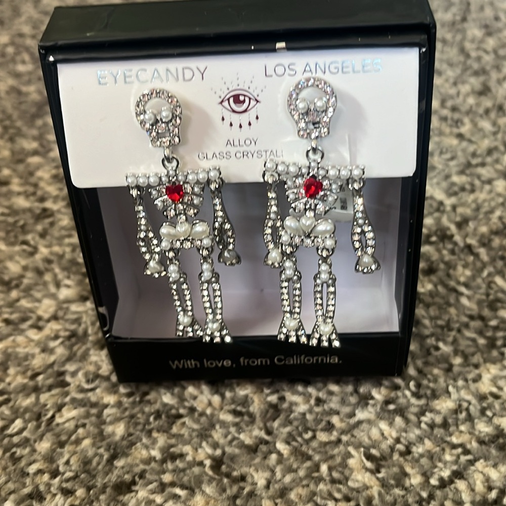 NEW EYE CANDY SKELETON red heart, crystal and pearls EARRINGS